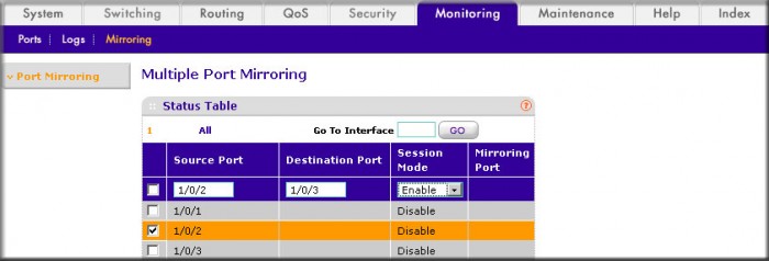 How Do I Specify The Source mirrored Ports And Destinations probe Using The Web Interface On 